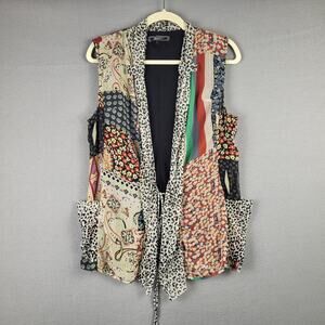 Zashi Women's L Sheer Patchwork Vest Cardigan Animal Print Artsy Maximalist Boho